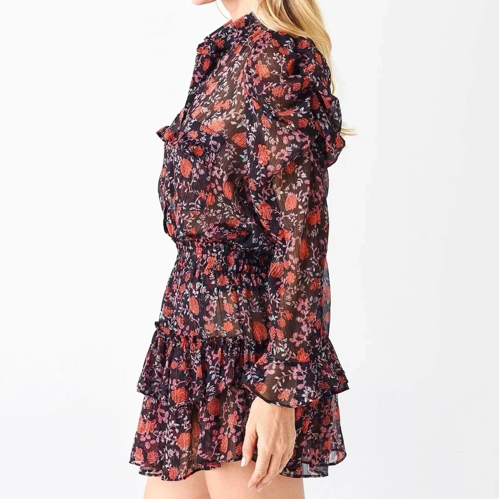MISA Anika Dress XS Carnelian Blooms Floral Ruffle Mini Metallic - Picture 2 of 11